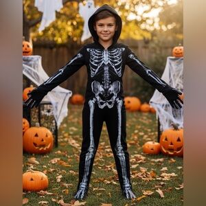 NEW Kids Skeleton Halloween Costume Size 7-8 Jumpsuit Hooded Outfit‎